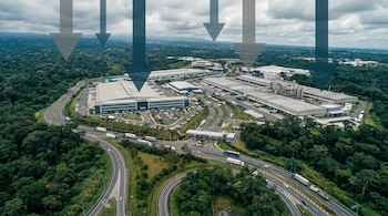 Complejo industrial y de oficinas, carreteras con camiones y vehículos, estacionamientos, selva tropical, cielo nublado, siete flechas grandes descendentes sobre la escena.