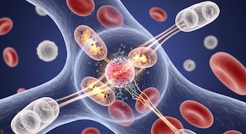 Ilustración 3D de una célula madre hematopoyética transparente con mitocondrias internas, la proteína MLKL visible y rutas de luz conectadas a glóbulos rojos y blancos.
