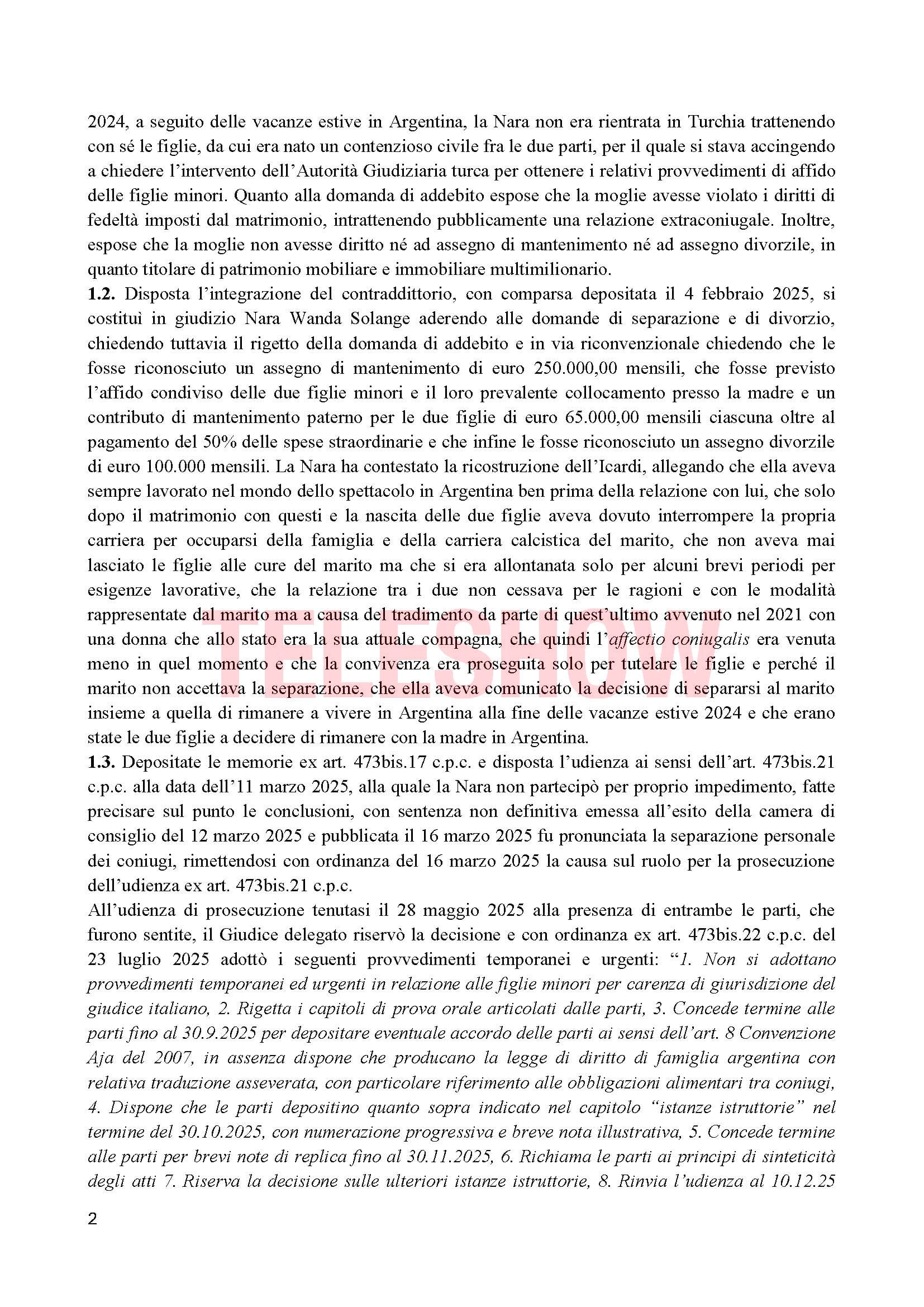 Un extracto de una resolución judicial italiana aborda el litigio entre Mauro Icardi y Wanda Nara, negando medidas provisionales para las hijas por carencia de jurisdicción del tribunal.