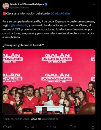 La senadora de la República por el Pacto Histórico María José Pizarro habló sobre la financiación de la campaña de Galán en 2023 - crédito @PizarroMariaJo/X