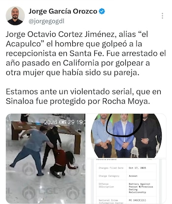 Captura de pantalla de un tuit que incluye un video de agresión, una foto de tres hombres y un registro judicial de detención con fecha de 2025