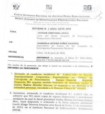 Un documento judicial emitido en Lima con sellos institucionales y un párrafo destacado en amarillo