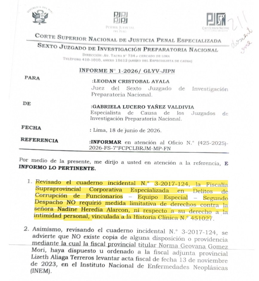 Un informe del Sexto Juzgado de Investigación Preparatoria Nacional de Perú señala que la Fiscalía no solicitó medidas restrictivas contra Nadine Heredia.