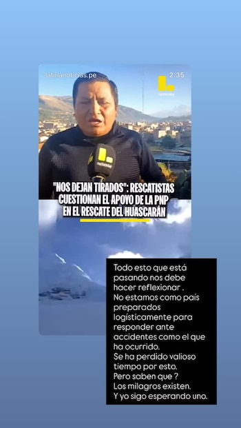 Karina Jordán compartió un mensaje en Instagram por la desaparición de su primo Alejandro “Chicho” Ugarte Jordán en el Huascarán.