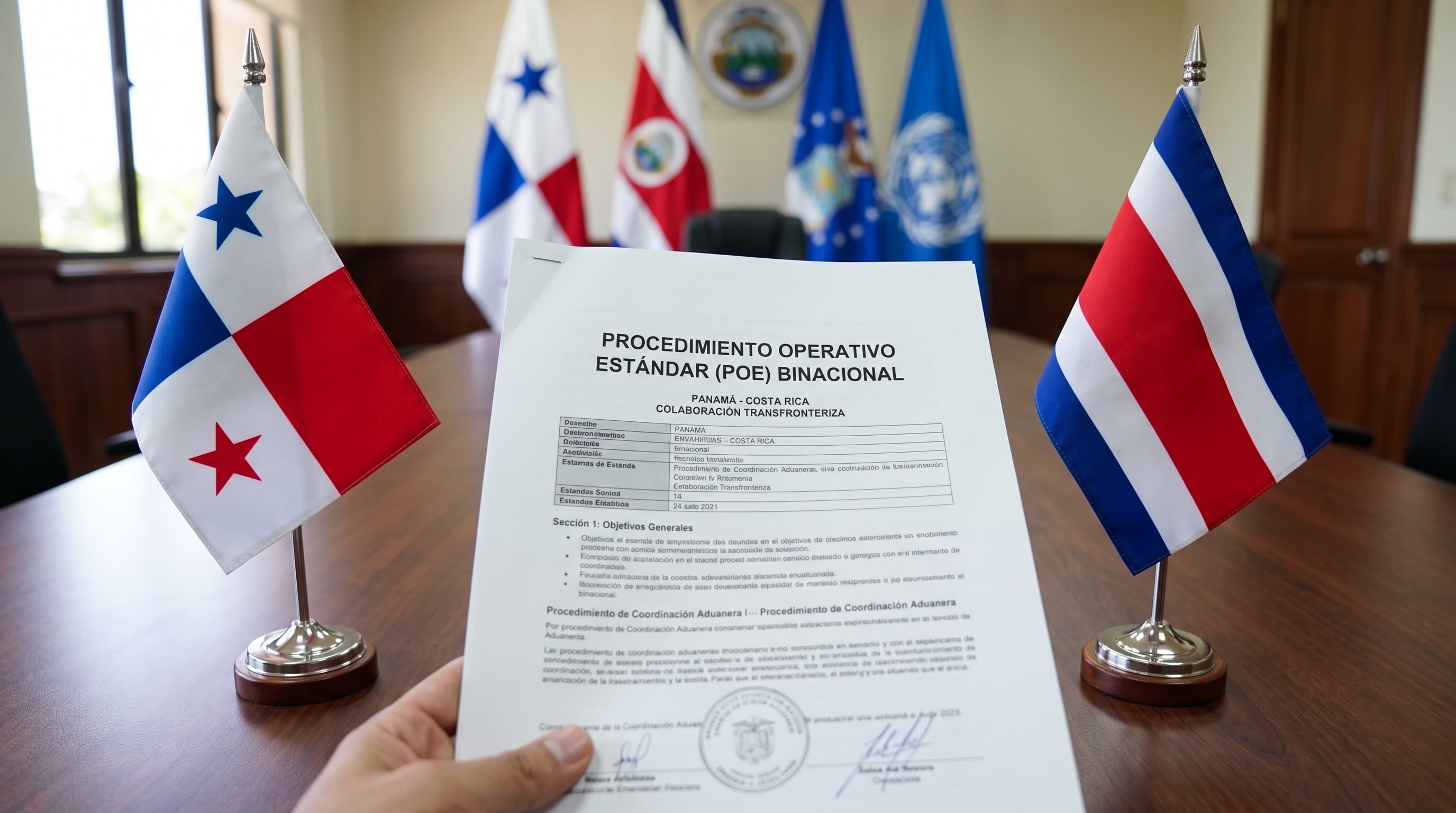 Un documento sobre el Procedimiento Operativo Estándar binacional entre Panamá y Costa Rica reposa frente a las banderas de ambos países en una sala de reuniones. (Imagen Ilustrativa Infobae)