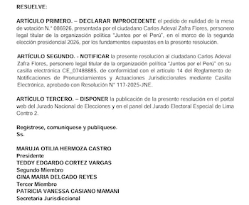 JEE rechaza pedido de Juntos por el Perú para anular mesa de Estados Unidos