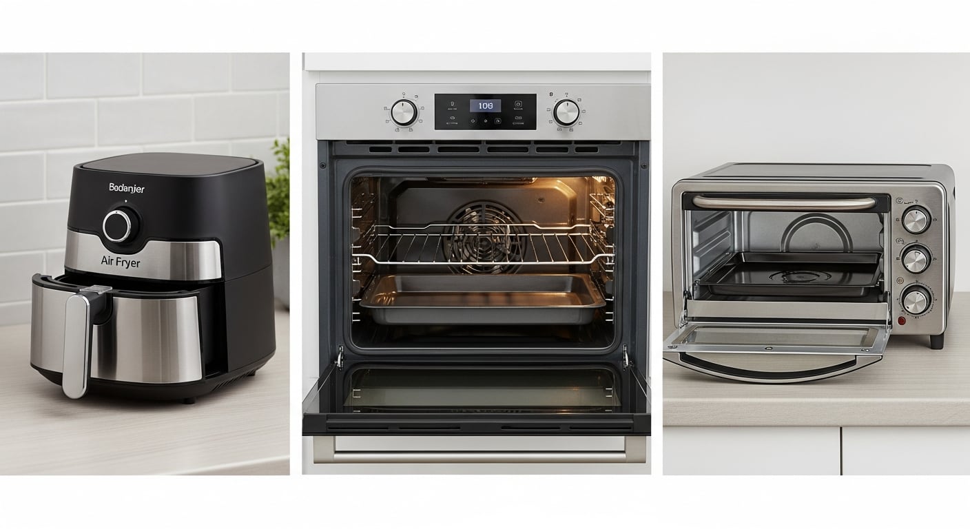 Una Air Fryer Bodanjer, un horno eléctrico empotrado y un horno tostador compacto son presentados lado a lado, ofreciendo un vistazo a las diversas opciones de cocción modernas disponibles para el hogar. (Imagen Ilustrativa Infobae)