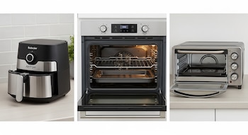 Tres electrodomésticos de cocina: una Air Fryer negra y plateada, un horno eléctrico de acero inoxidable con la puerta abierta, y un horno tostador plateado.