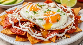 Plato de chilaquiles con totopos, salsa roja, dos huevos fritos, queso blanco, crema y perejil picado. Al fondo, aguacate rebanado y limas.