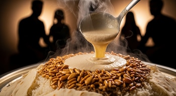 Salsa de jameed caliente vertiéndose de una cuchara sobre arroz, pan shrak, piñones y almendras, con vapor y cuatro siluetas de personas al fondo.