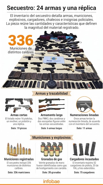 Infografía que ilustra pistolas, fusiles, municiones, granadas de gas, cargadores y chalecos antibalas junto a cifras del armamento incautado.
