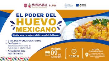 Cartel informativo del evento El poder del huevo mexicano, con detalles de fecha y lugar junto a un plato de huevos revueltos con jamón