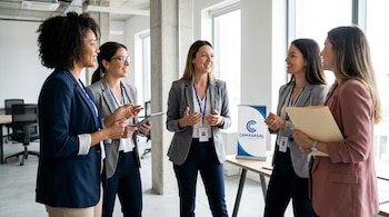 Cinco mujeres vestidas de negocios conversan de pie en un moderno espacio de coworking. Algunas llevan credenciales, otras sostienen tablets. Un banner de CAMARASAL está sobre una mesa.