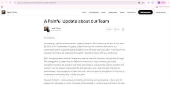 Captura de pantalla de la página web de Patreon. Se observa una publicación de Jack Conte con el título 'A Painful Update about our Team' y parte del texto