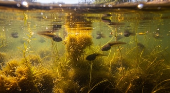 Fotografía subacuática de varios renacuajos nadando entre densas plantas acuáticas y algas en aguas poco profundas con la superficie del agua visible.