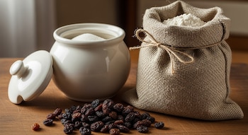 Un saco de yute lleno de harina, un pote blanco con azúcar y su tapa al lado, y un montón de pasas de uva sin semilla sobre una mesa de madera.
