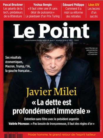 Portada de la revista Le Point con un retrato del presidente argentino Javier Milei en traje oscuro sobre un fondo rojo y negro