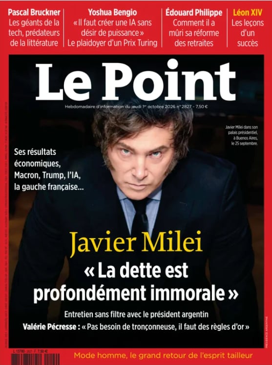 La revista francesa Le Point presenta en su portada una entrevista con el presidente de Argentina, Javier Milei, sobre la deuda pública y sus resultados económicos.