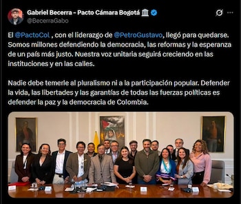 “El Pacto Histórico, con el liderazgo de Gustavo Petro, llegó para quedarse", expresó el representante Gabriel Becerra en sus redes sociales luego de la reunión que sostuvieron con el presidente Gustavo Petro - crédito @BecerraGabo/X