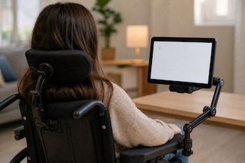 una persona en silla de ruedas junto a un soporte articulado que sostiene una pantalla digital con fondo blanco.