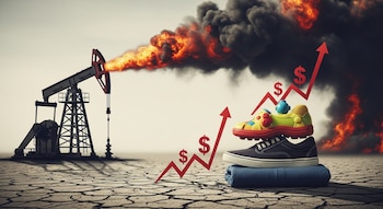 Pozo petrolero en llamas con humo negro sobre tierra agrietada. Una flecha roja con dólares sube junto a un zapato deportivo, un zapato infantil y un paño enrollado.