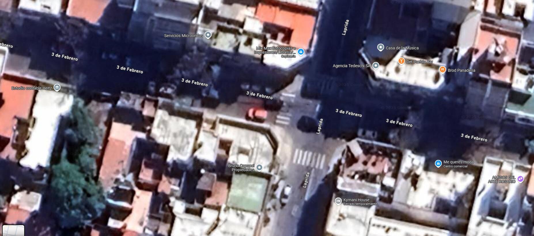 La zona de 3 de Febrero y Laprida, en Rosario, en donde se encontraron restos humanos y se estudiarán las cámaras de seguridad de la zona