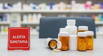Cartel rojo con la inscripción Alerta Sanitaria, frascos de medicamentos y un envase abierto con píldoras de manchas en un mostrador de farmacia.