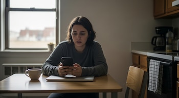 Una joven de tez clara con cabello oscuro sentada en una mesa de madera, mirando su teléfono. A su izquierda hay una taza y un portátil cerrado; al fondo, una ventana y una cocina.