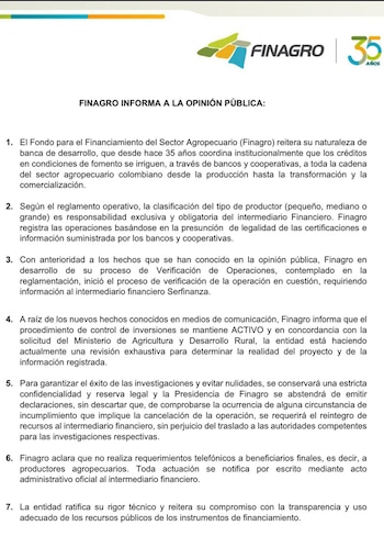 Finagro se pronunció tras la