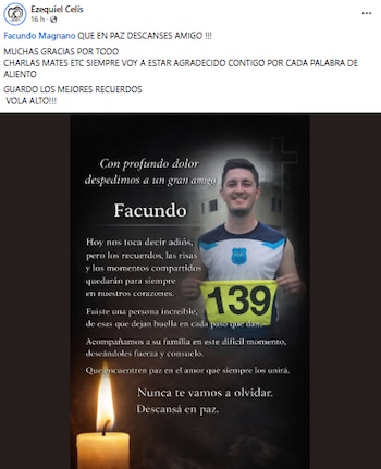 Captura de pantalla de un póster conmemorativo que muestra a un hombre sonriente con un dorsal '139', texto de despedida y una vela encendida en la parte inferior