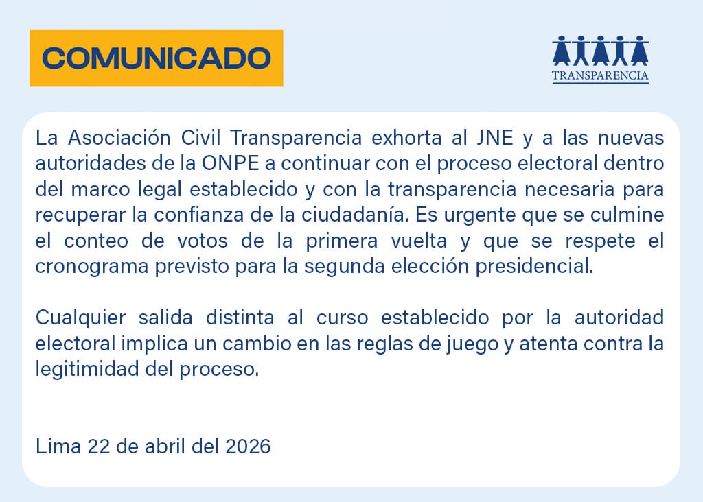 La Asociación Civil Transparencia exhórtó al JNE y ONPE a continuar con el proceso electoral establecido y transparente para recuperar la confianza ciudadana, respetando el cronograma y advirtiendo contra cambios en las reglas. (Fuente: X / Transparencia Perú)