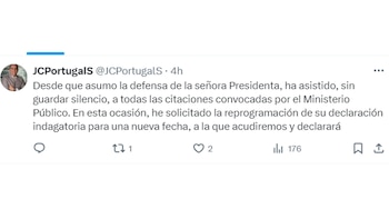 Comunicado de Juan Carlos Portugal sobre citación de Dina Boluarte. Foto: captura X