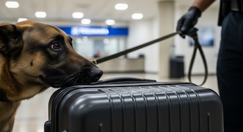 Hocico y cabeza de un perro detector olfateando una maleta rígida negra. Mano enguantada de un policía sujetando una correa. Fondo de aeropuerto.