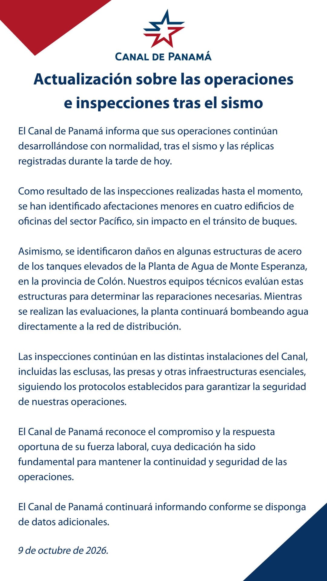 Las inspecciones técnicas detectaron daños menores en cuatro edificios de oficinas del sector Pacífico. (Cortesía: Canal de Panamá)