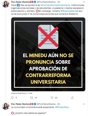 Flor Pablo reclamó falta de pronunciamiento del Minedu ante aprobación de ley que atenta contra la reforma universitaria. (Foto: Twitter / Flor Pablo)