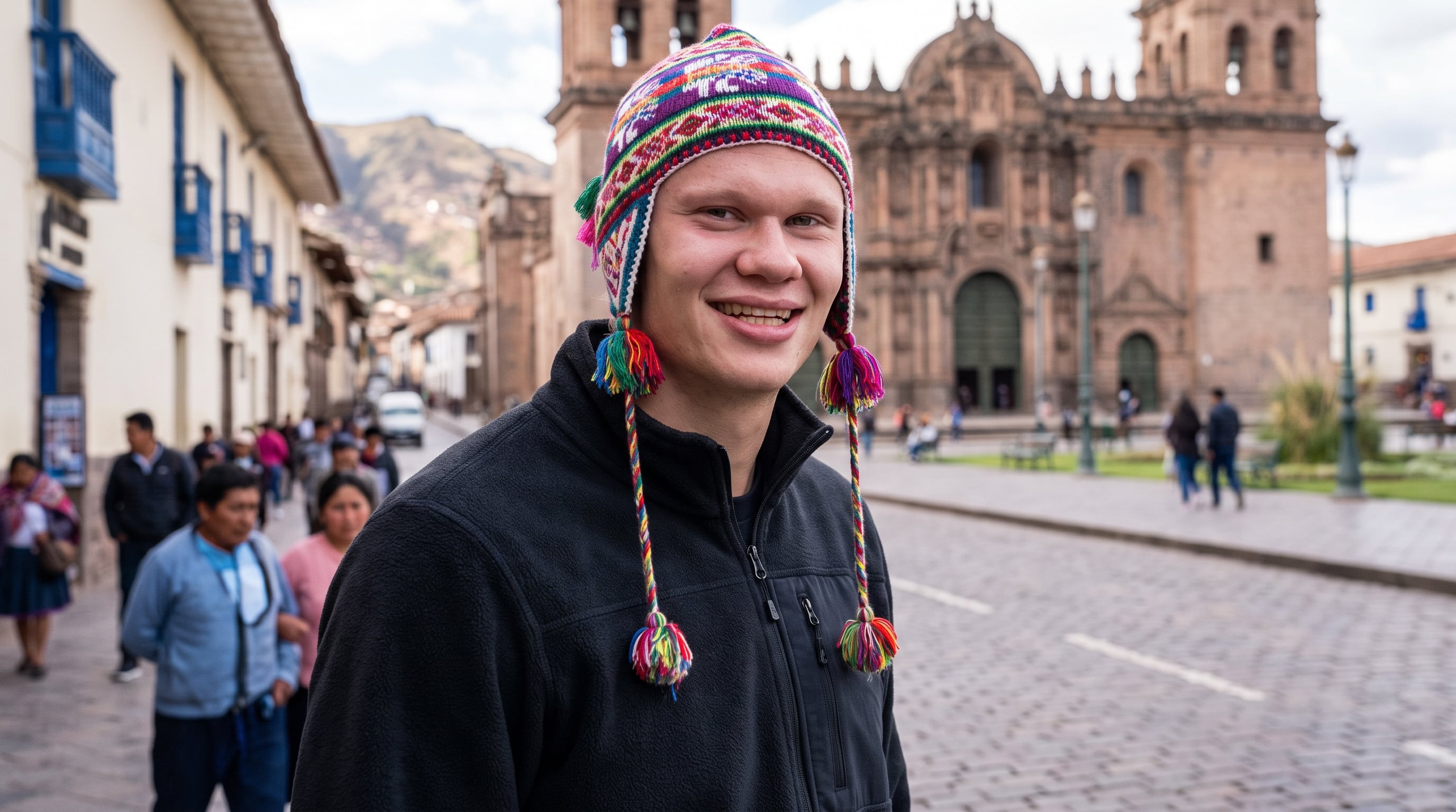 El futbolista noruego Erling Haaland sonríe mientras posa con un colorido chuyo peruano en una calle con arquitectura colonial y una iglesia de fondo. (Imagen Ilustrativa Infobae)