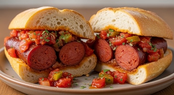 Dos sándwiches de chorizo a la pomarola en un plato, con pan blanco, rodajas de embutido oscuro y salsa de tomate con trozos de pimiento y perejil.