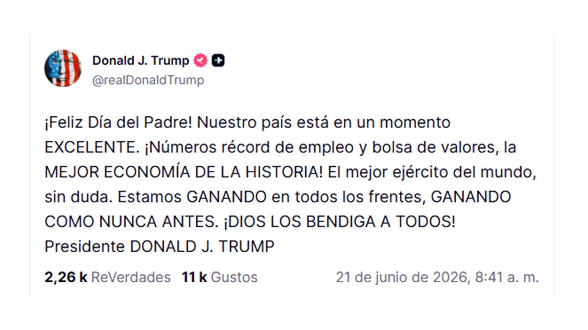 El mensaje publicado por Trump en Truth Social