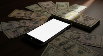 Un teléfono móvil negro con la pantalla blanca encendida reposa sobre una mesa de madera oscura, rodeado de billetes de dólar de distintas denominaciones, incluyendo un fajo.
