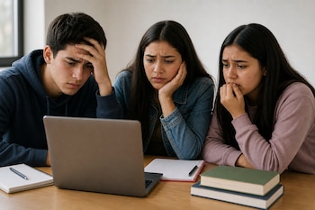 Tres jóvenes sentados frente a una computadora portátil abierta sobre una mesa con cuadernos y libros.