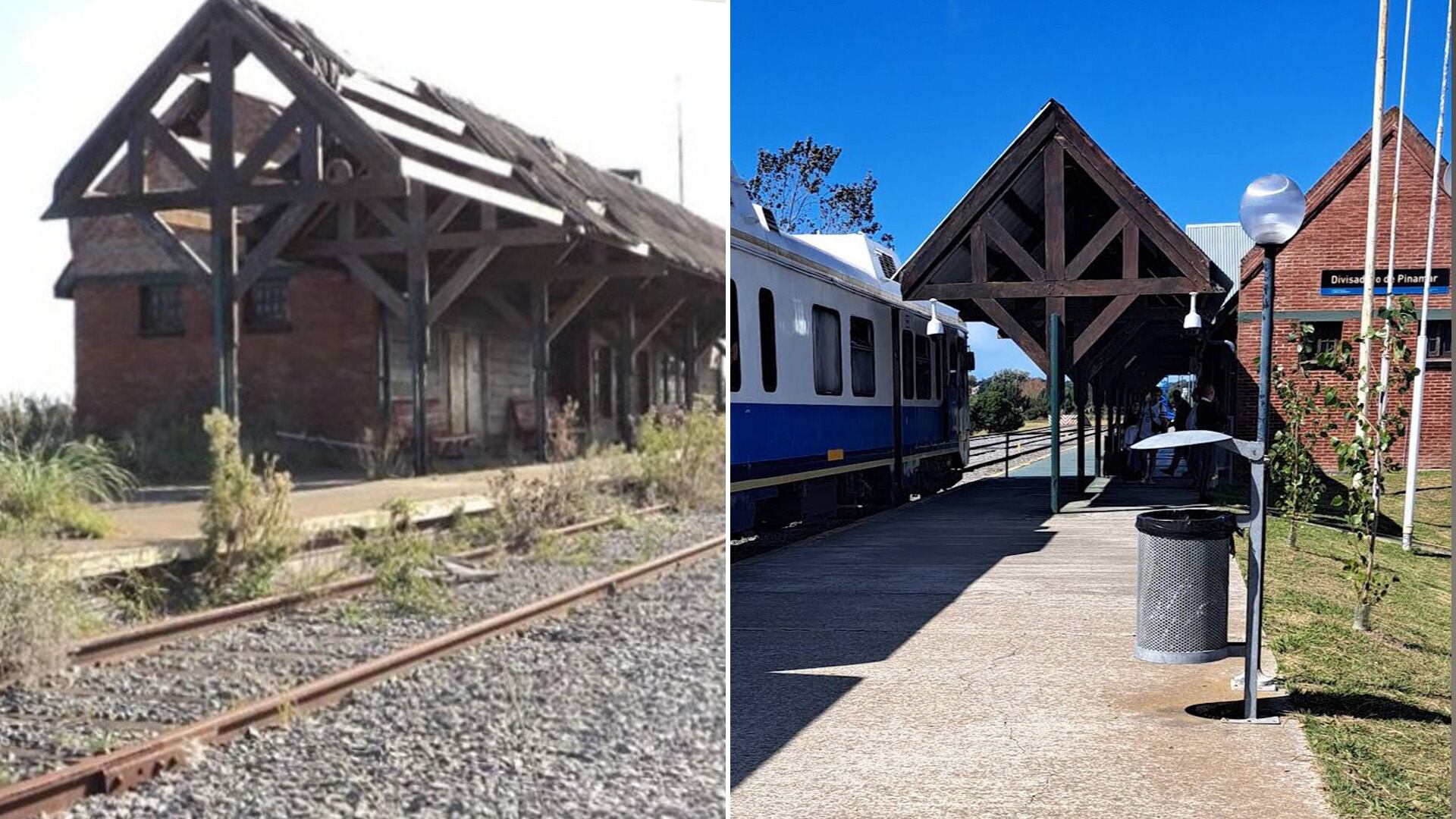 El antes y después de la renovación de la estación Divisadero, de Pinamar, durante la gestión anterior. El servicio fue suspendido