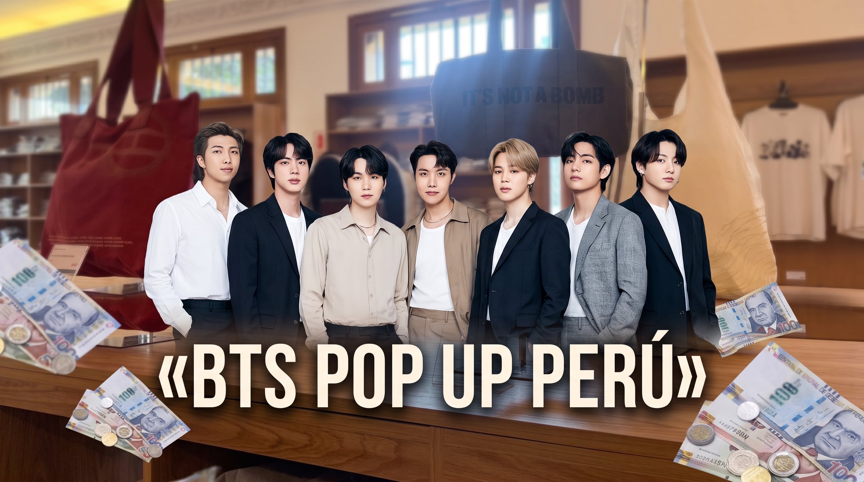 Un montaje gráfico reúne a los integrantes del grupo de K-pop BTS junto a billetes y monedas de sol peruano para promocionar una tienda temporal en Perú. (Imagen Ilustrativa Infobae)