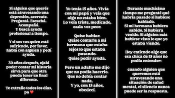 Tres placas negras con texto blanco que expresan reflexiones sobre la depresión, el silencio y la importancia de pedir ayuda profesional