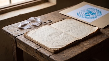 Un cuaderno escolar abierto, dos argollas metálicas, una cinta blanca y una carpeta con el logotipo de la ONU reposan sobre una mesa de madera.