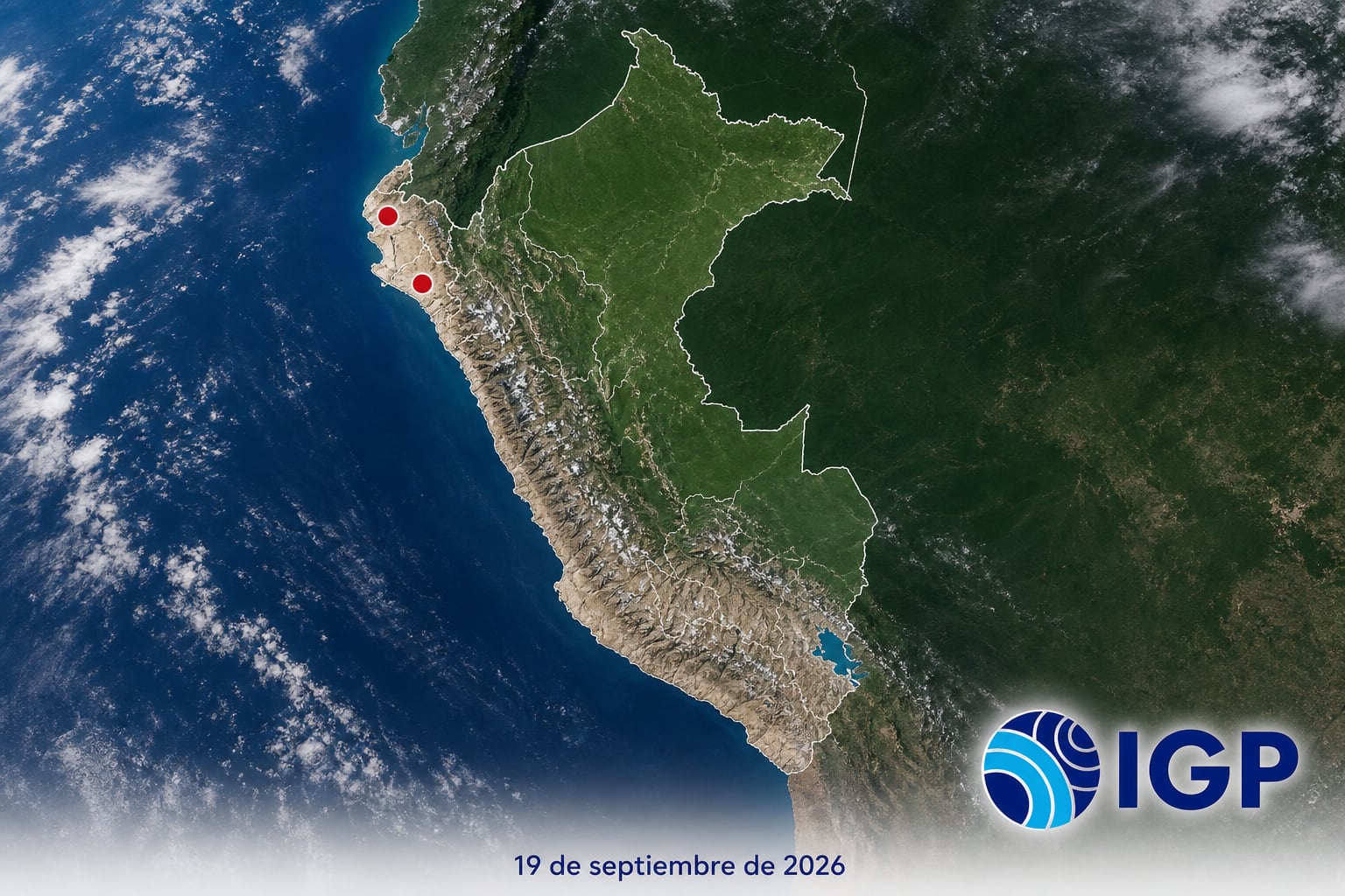 Un mapa satelital del Instituto Geofísico del Perú señala con puntos rojos las regiones de Piura y Lambayeque para el 19 de septiembre de 2026. (Imagen Ilustrativa Infobae)