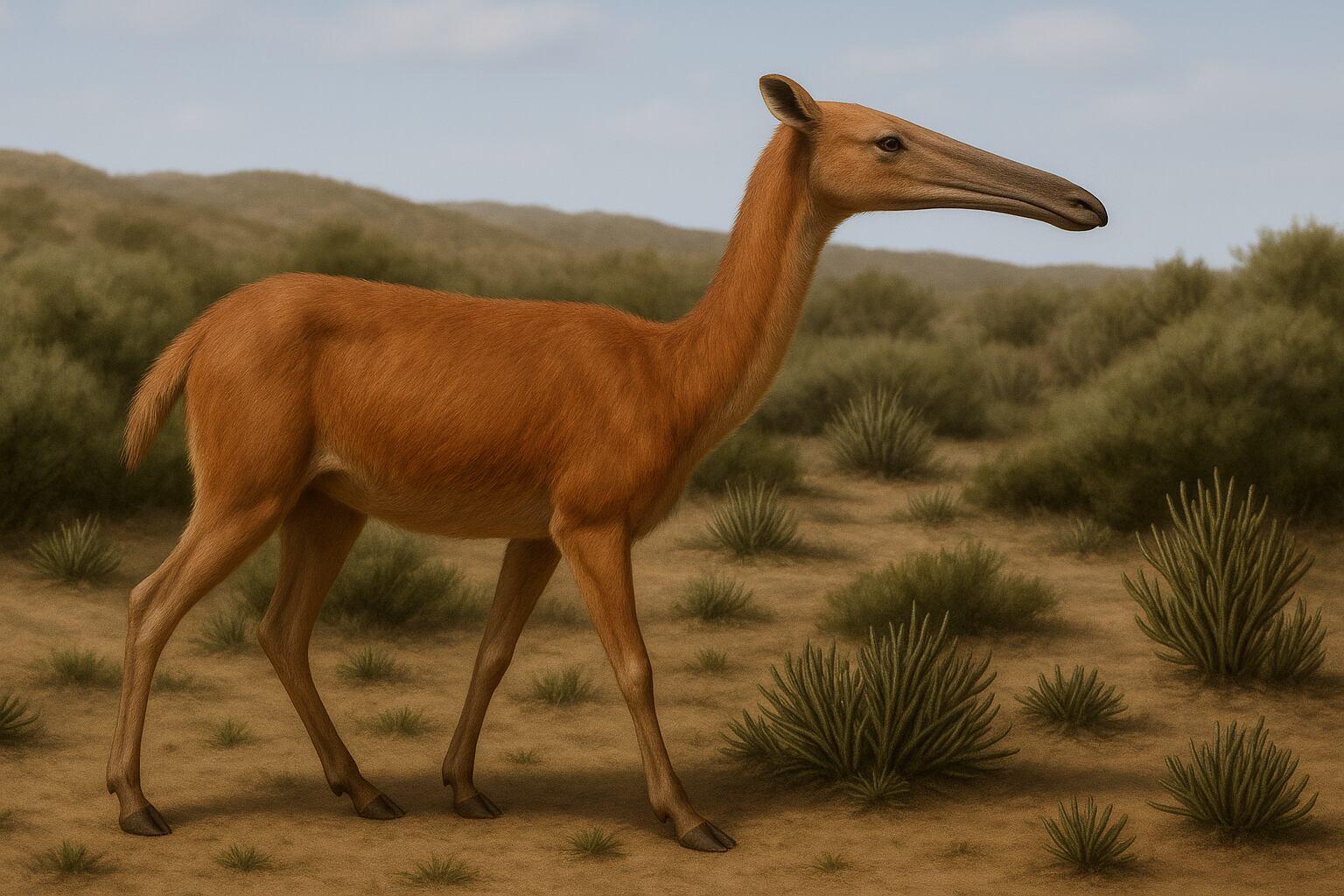 Reconstrucción visual de Floridatragulus, un camélido extinto de morfología peculiar y rostro alargado, muestra de la diversidad de formas y estrategias ecológicas del grupo (Imagen Ilustrativa Infobae)