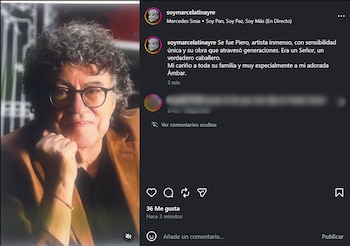 Captura de pantalla de una publicación en Instagram con un retrato del cantante Piero y un texto firmado por Marcela Tinayre