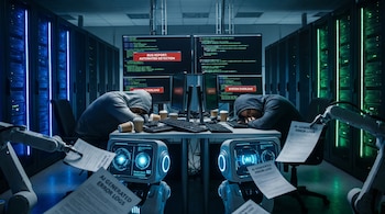 Dos personas encapuchadas duermen sobre escritorios en un centro de datos. Robots y pantallas muestran informes de errores de IA junto a servidores iluminados.