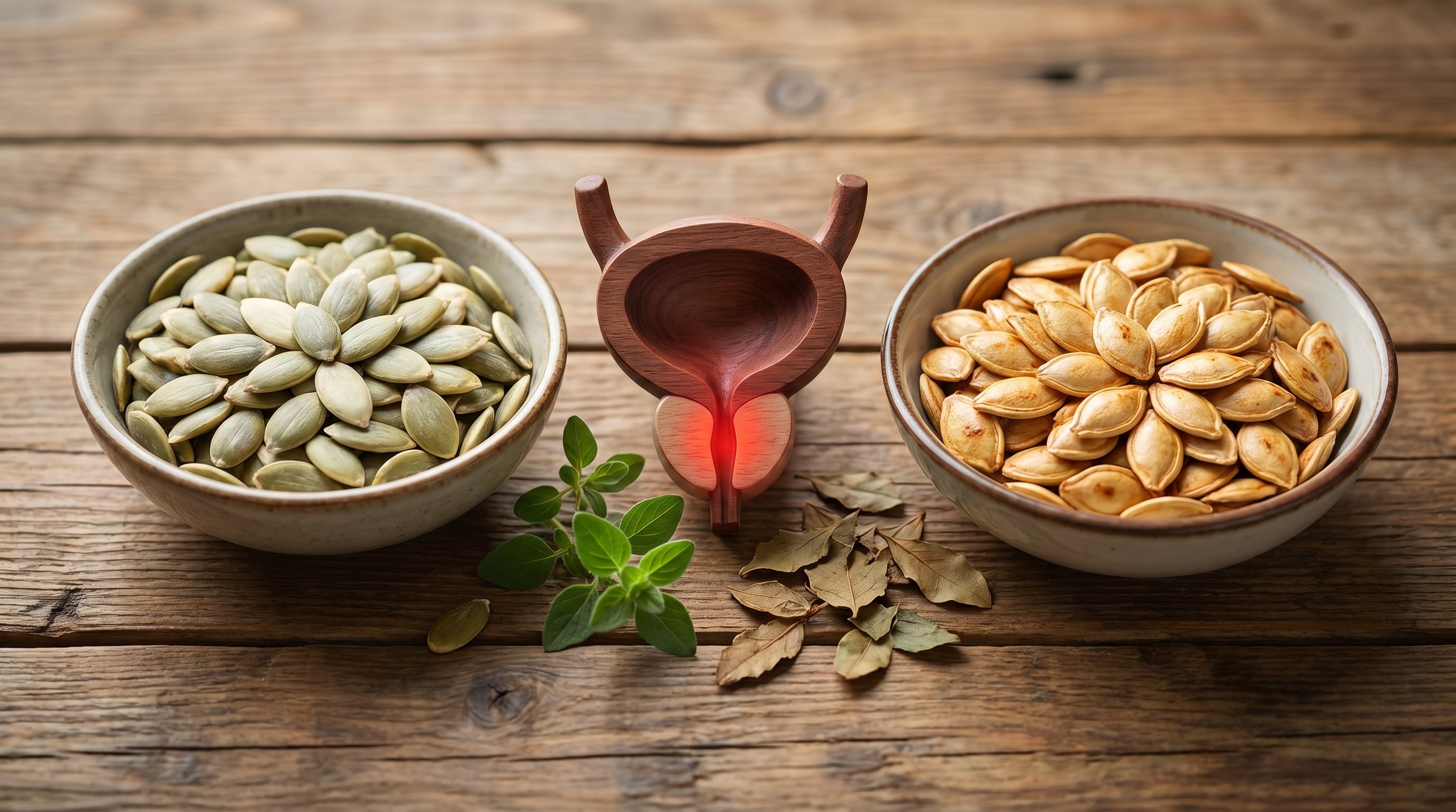 La imagen muestra semillas de calabaza crudas y tostadas junto a un modelo de próstata y vejiga, ilustrando las opciones dietéticas relacionadas con la salud prostática. (Imagen Ilustrativa Infobae)