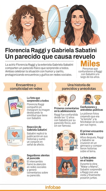 Ilustración de Florencia Raggi con cabello rizado castaño y Gabriela Sabatini con cabello liso castaño, frente a un espejo ovalado